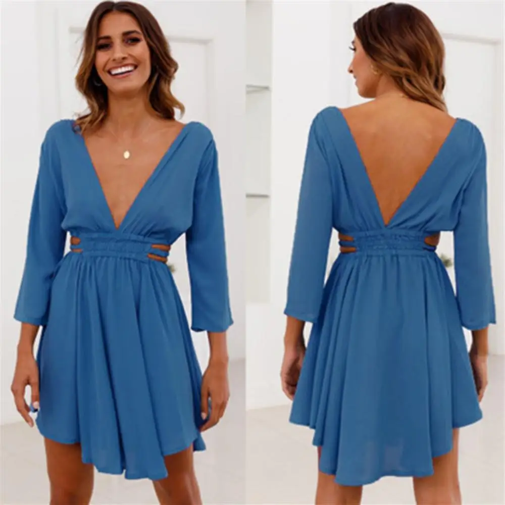 Plunge Neck Mini Party Dress With Irregular Hem