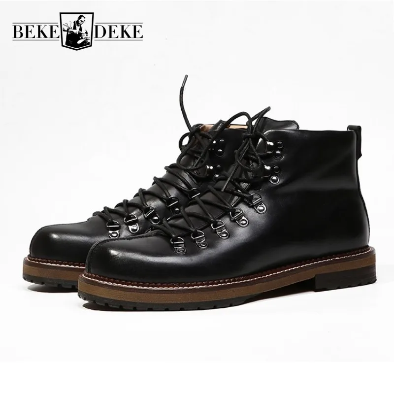 

Fashion Casual Retro Man Genuine Leather Boots Black Orange Lace Up Martin Boots Men Autumn High Quality Round Toe Dress Shoes