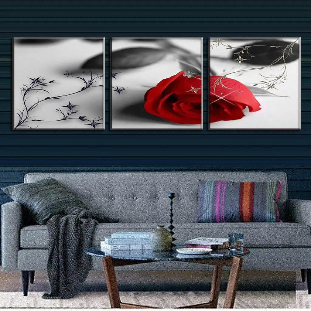 3 Pcs/set Combined Red Rose Painting Prints on Canvas Modern Red Flower