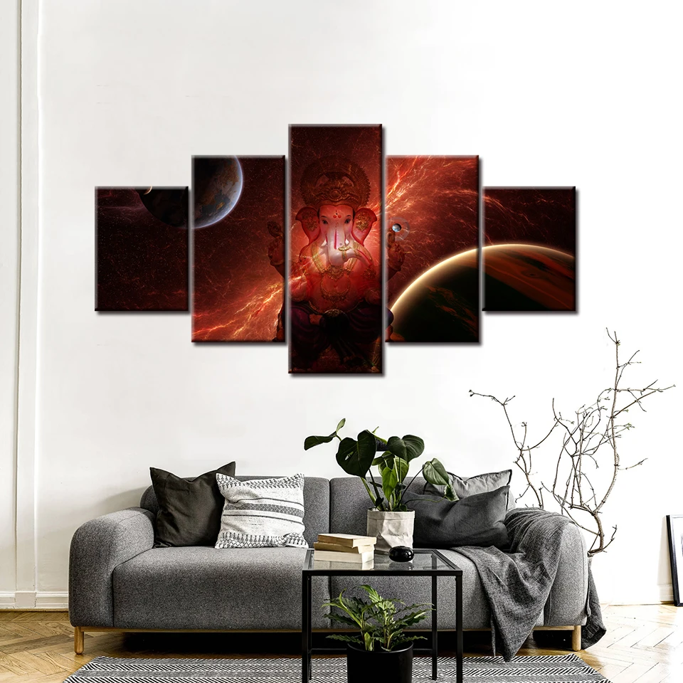 

5 Panel Canvas Painting HD Hindu God Ganesha with Planetary landscape wall Art Modular poster for living room home Decor