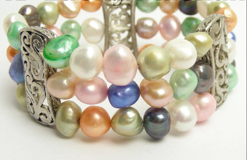 

stretchy! 3row baroque multi-color pearls bracelet @^Noble style Natural Fine jewe SHIPPING new >>free shipping