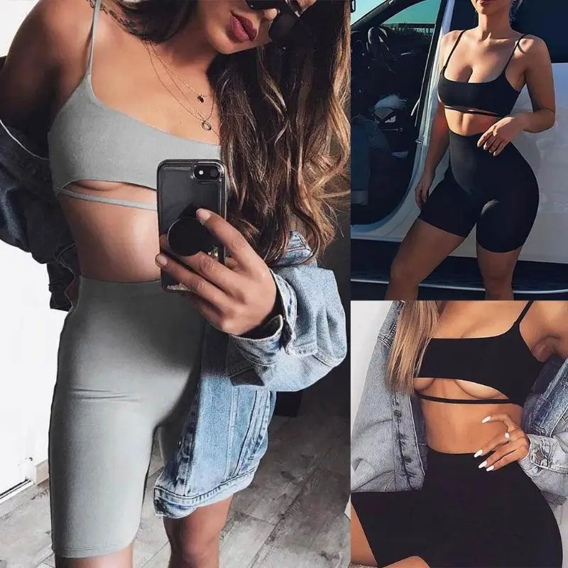 المرأة الصيف مثير الجوف خارج اثنين من قطعة مجموعة المحاصيل قمم السائق السراويل بلون Bodycon رياضية عالية الخصر اللياقة البدنية الرياضة الزي