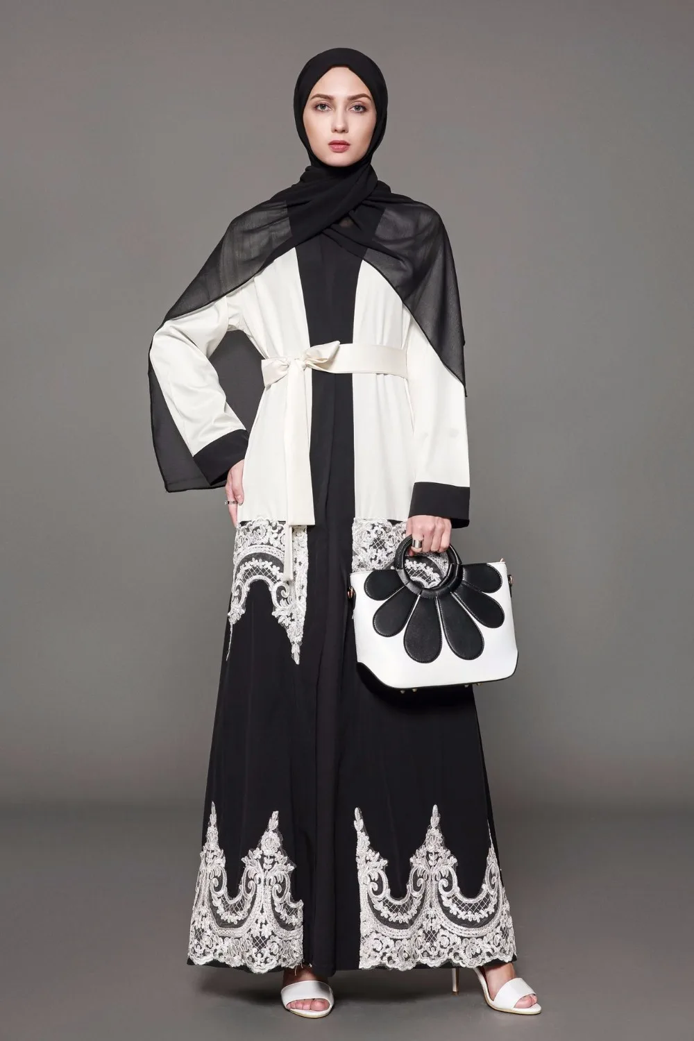 Женское мусульманское платье черно белое лоскутное большого размера 5XL Abaya в