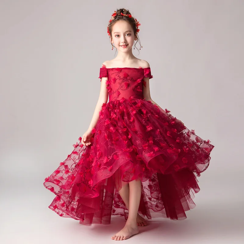 Красное платье с цветочным узором для девочек на свадьбу; платье с открытыми плечами для причастия; праздничные платья принцессы с аппликацией и вышивкой; B495 - Цвет: Wine Red