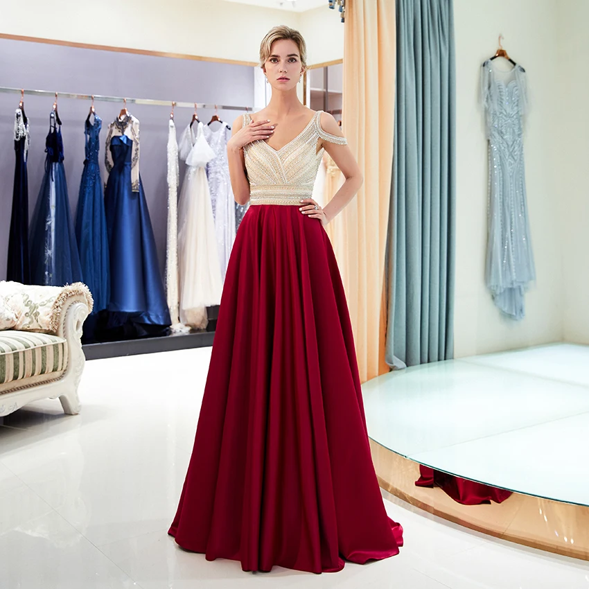 

Luxury 2019 Beaded Crystal Prom Dress V Neckline Low Back A Line Long Women Party Dresses Wine Red