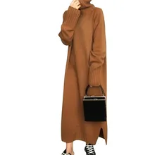 Модное осенне-зимнее Новое винтажное вязаное платье с высоким воротником, свободное толстое платье-свитер большого размера