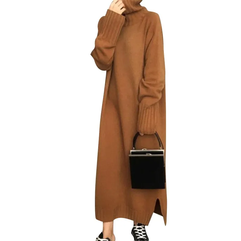 

fashion autumn winter new vintage high collar knit dress loose large size thick sweater dress