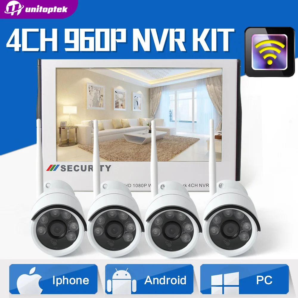 4CH 1.3MP 960P Wireless IP Camera NVR Kit 10.1 HD Display Color NVR Plug & Play Night Vision WIFI Surveillance System Outdoor 