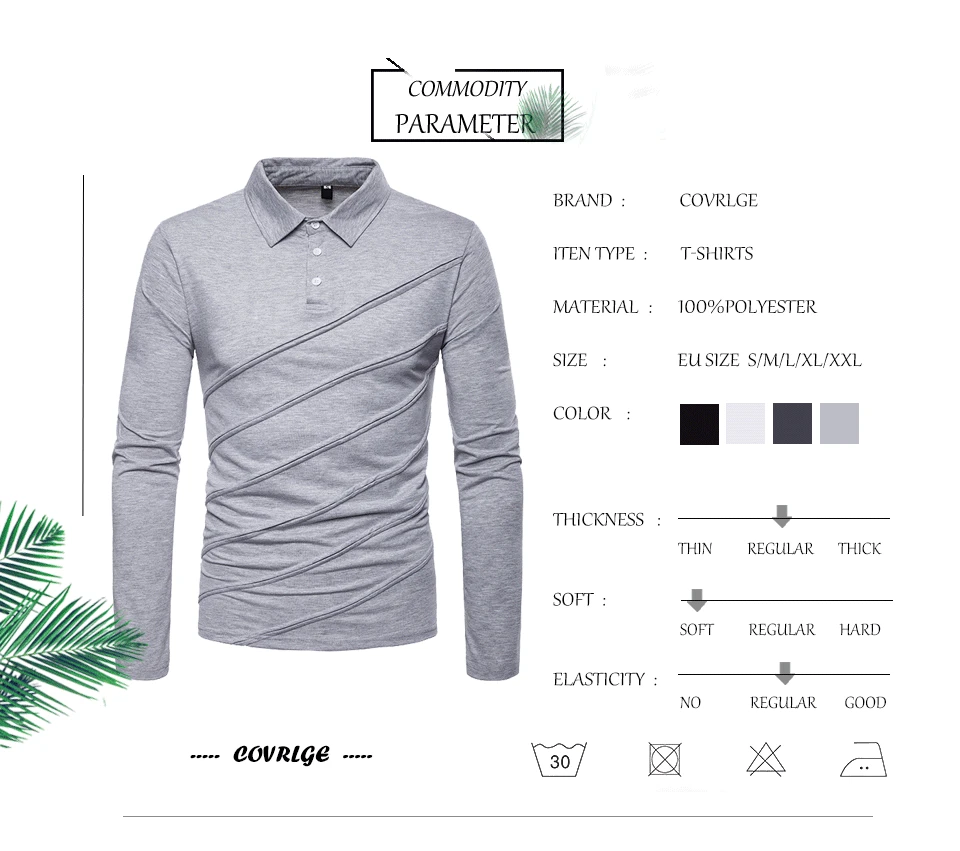 Covrlge, Мужская рубашка поло размера плюс, Осень-зима, брендовая мужская рубашка поло с длинным рукавом, повседневная мужская рубашка, мужские рубашки поло, MTP100