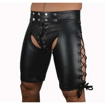 Sexy Fetish Punk Leather Hollow Out Open Back Boxer Brief for Him with Crotch Pouch and Side Lace Up T-Back Outfit S to XXL