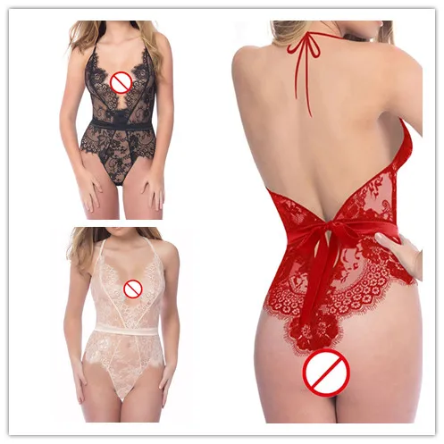 Women Backless Lace Floral Lingerie Sexy V-Neck Babydoll Hot Erotic Underwear One Piece Sleepwear Bodysuit