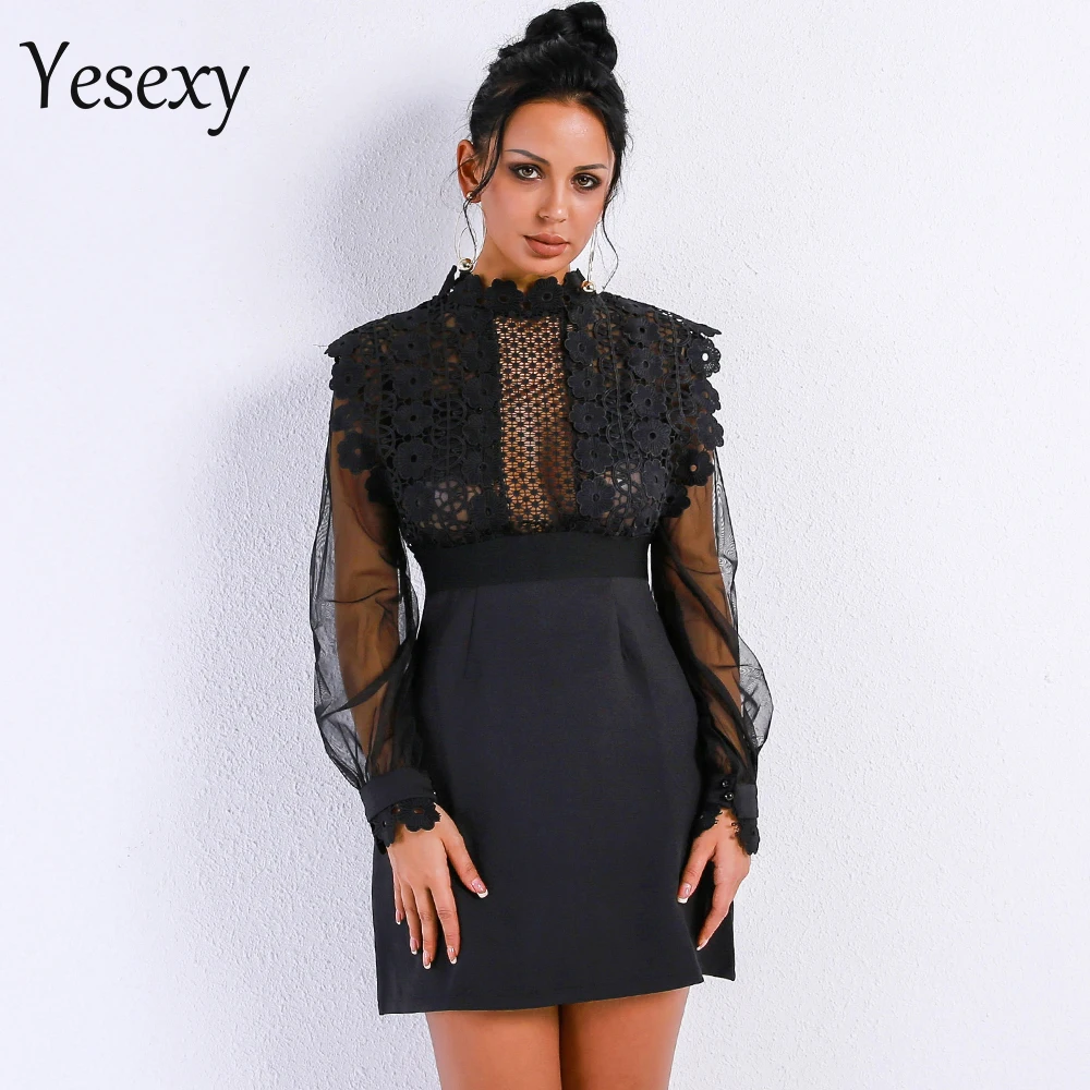 Yesexy женское кружевное элегантное однотонное мини платье с высоким воротником и длинным рукавом VR9338