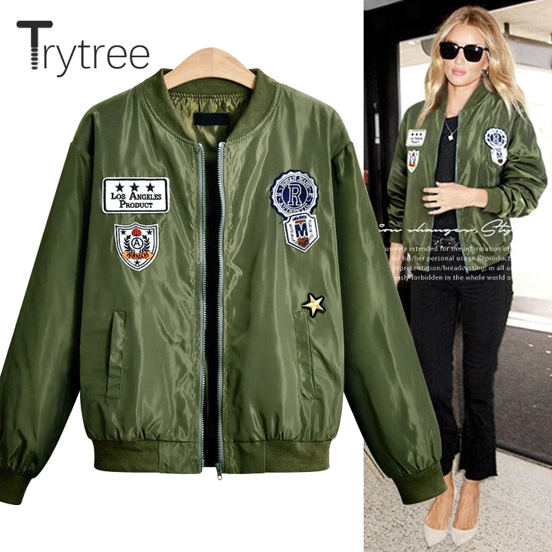 

Ttytree Autumn Casual Coat Polyester Zippers Black Army Women Jacket Epaulet Full sleeves O-neck fasion Tops Cool Short Coat