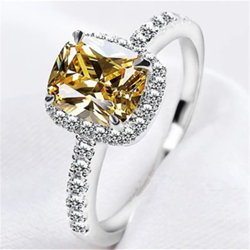CC S925 Серебряные кольца для женщин желтый квадратный камень белое золото-цвет Свадьба обручальное кольцо ювелирные изделия для невесты Anillos Mujer CC594