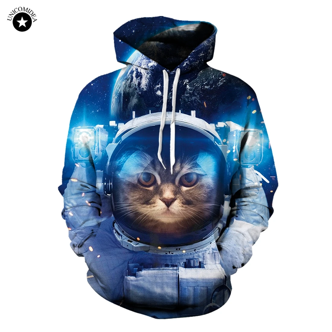 Funny Hoody Tops 3D Galaxy Space Astronaut Kitten Cat Sweatshirt Long