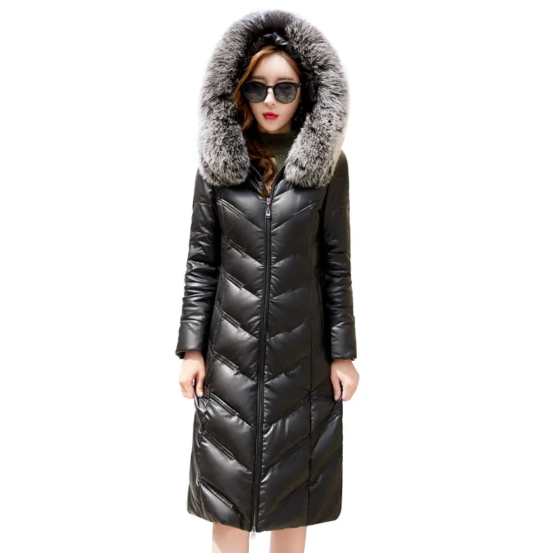 

New Winter Fashion Warm Hooded Women Leather Jacket High quality Slim Sheep skin Real fur collar Women Down Leather Coat NUW356