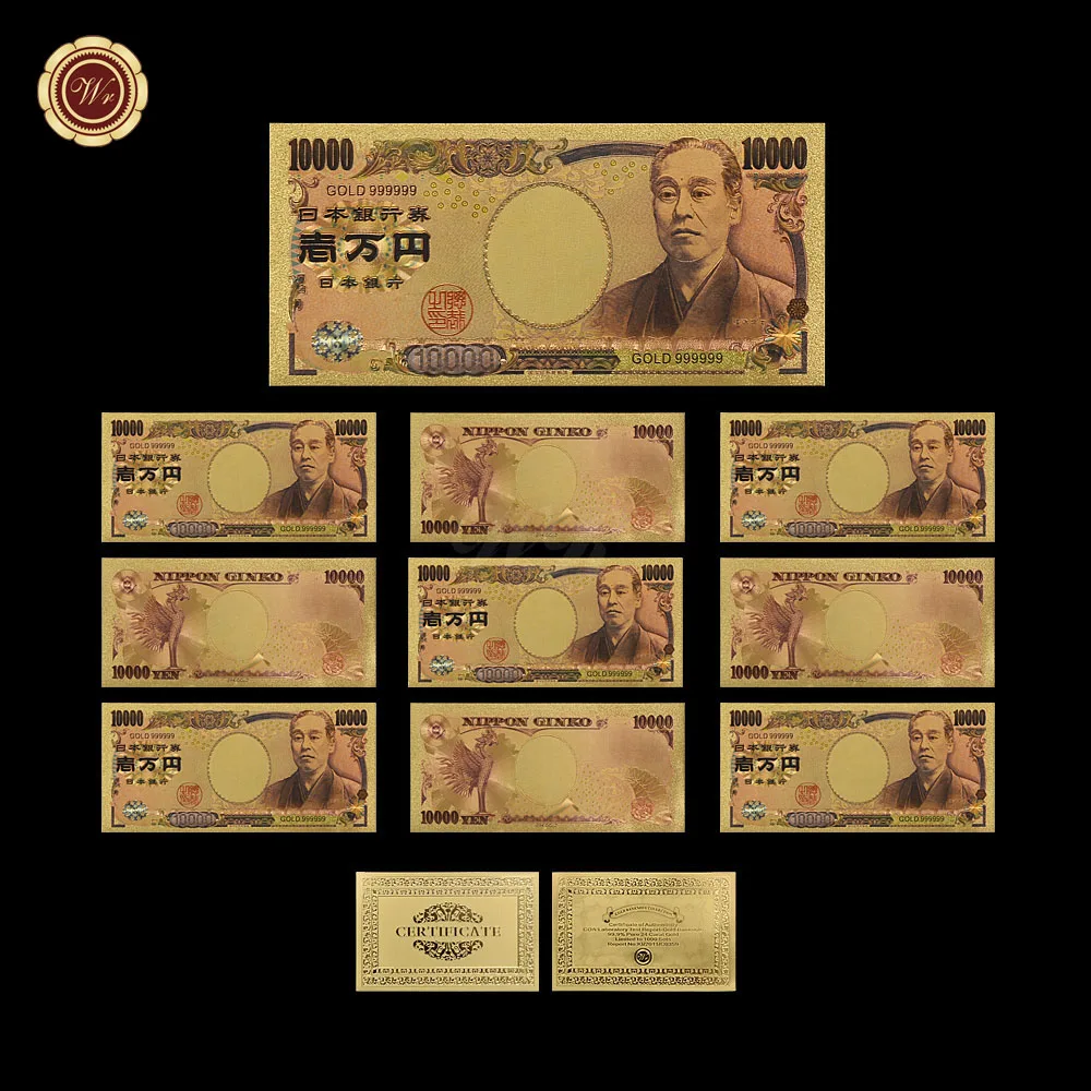 

WR Wholesale Japan 10000 Yen Bill Paper Money Gold Banknote Fukuzawa Yoshi Gold Banknote Collection Gifts Home Decor 10pcs/lot