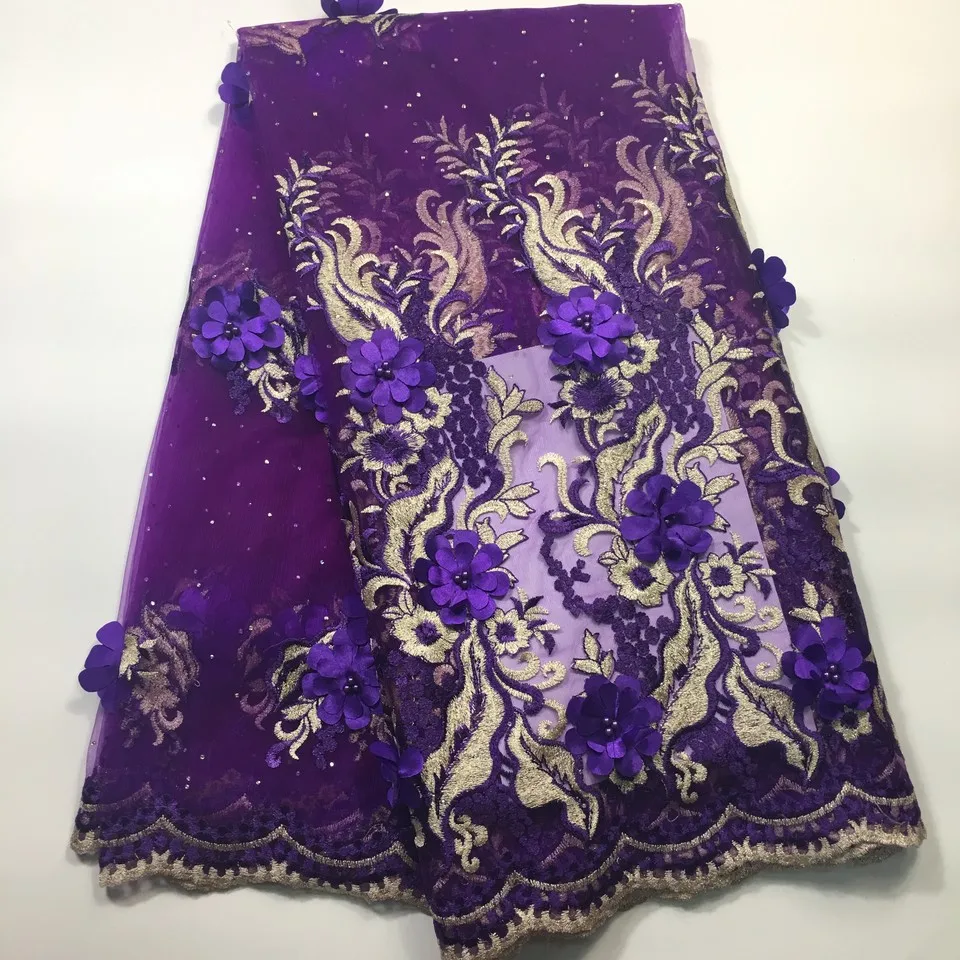 

African Lace Fabric High Quality Nigeria Lace Fabric 3D Flower New 2018 Tulle Lace Fabric With Beads For Dress CD18411