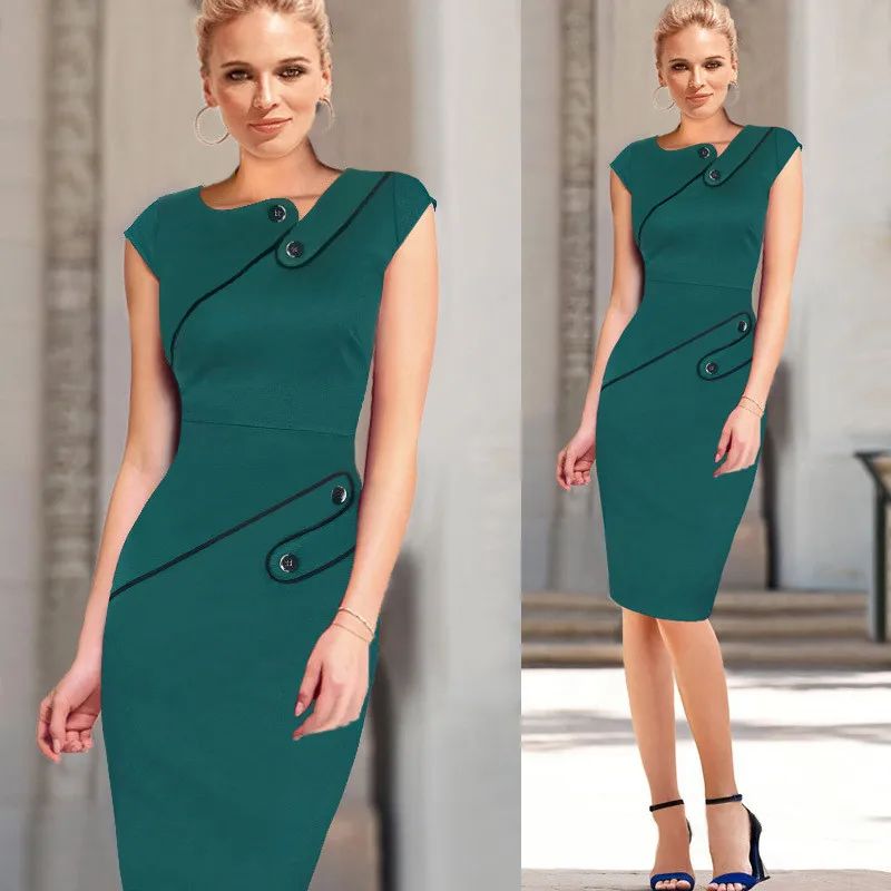 Fashion-vestido-preto-2015-Womenswear-Vintage-Short-Sleeve-Solid-Black-Green-Stretchy-Cotton-Blend-Bodycon-Pencil
