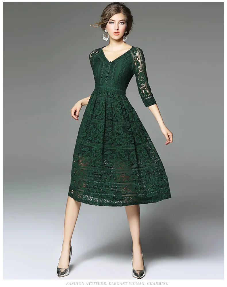 Кружевное платье женское Новое поступление Винтажное с v-образным вырезом зеленое красное Черное Осеннее элегантное платье
