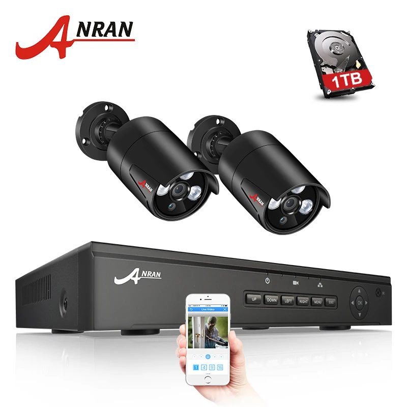 

ANRAN P2P Plug Play 1TB HDD 4CH NVR POE CCTV System 1080P HD Array IR Motion Detection Outdoor Night Security 2PCS POE IP Camera