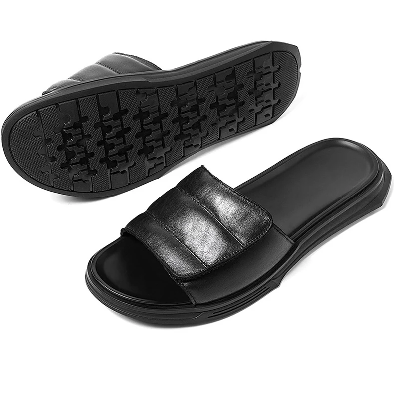 Черные мужские уличные тапочки из натуральной кожи; модные мужские летние пляжные шлепанцы для отдыха; Повседневная обувь; американские размеры 6-9