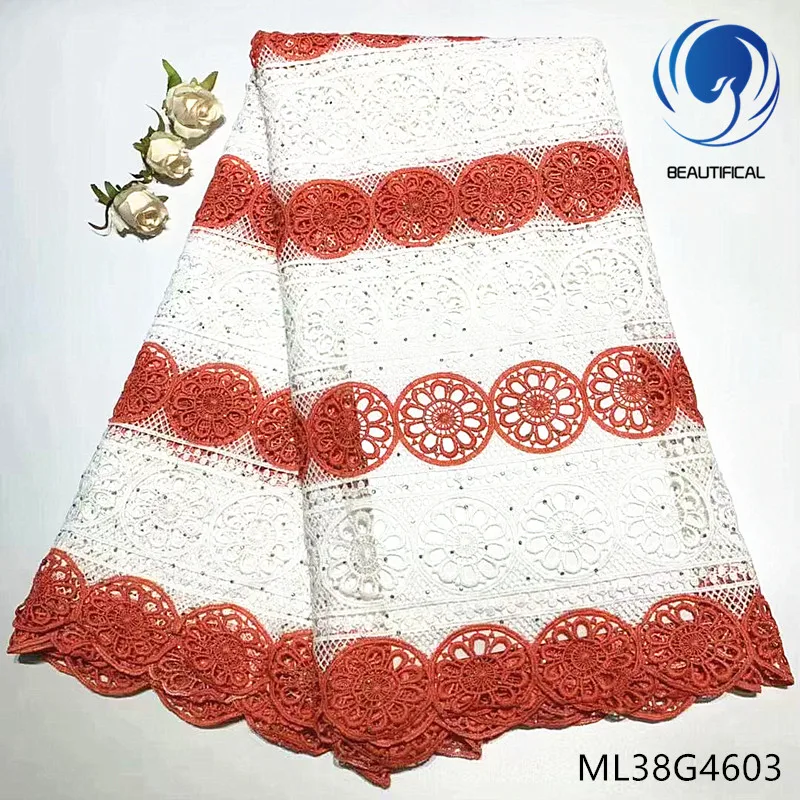 

BEAUTIFICAL african lace fabrics Top sale nigerian chemical lace embroidery fabric with stones 5yards water soluble lace ML38G46