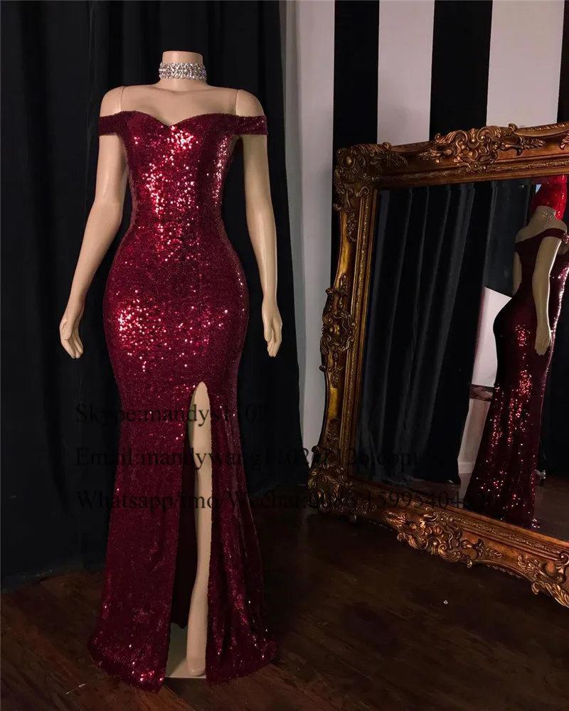 

Burgundy Sequin Mermaid Prom Dresses 2022 African Black Girls Women Evening Party Gowns With Sexy Split Formal Gala Dress