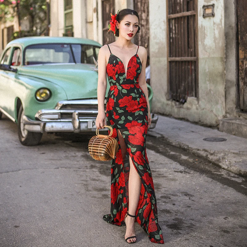 

Lady sexy fashion Pohemian vacation holiday summer dinner party dress casual loose dress strap flower printing slim long dress