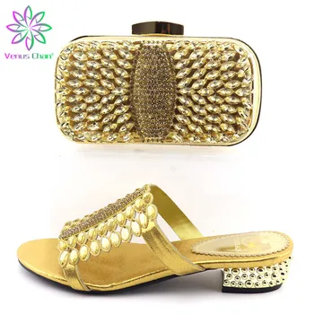 

2019 New Gold comfortable sweet shoes with hand bag 2019 Italian shoes and bags matching set for wedding and party