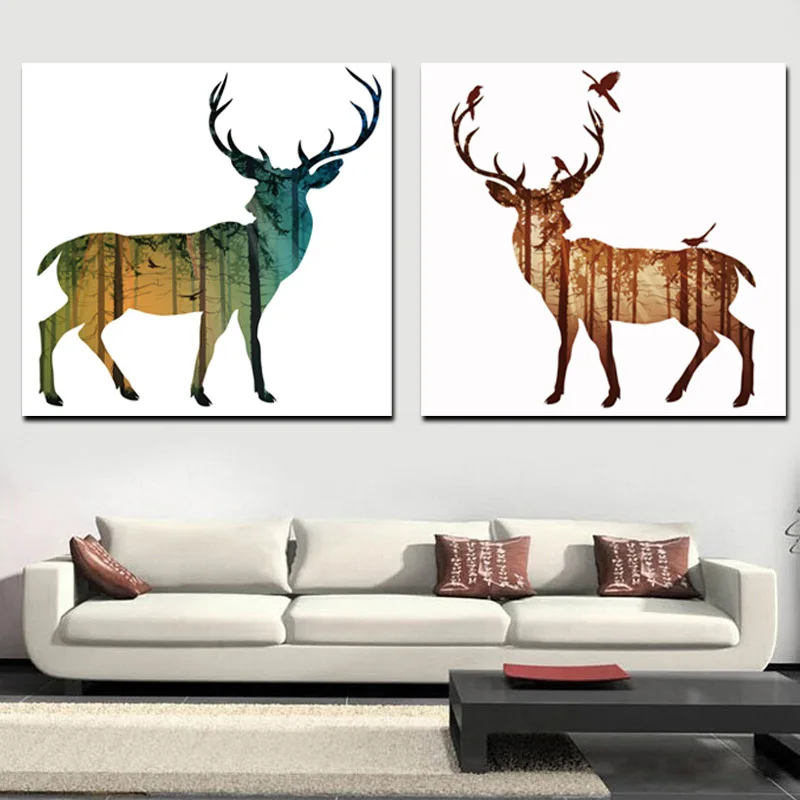 2 Panel Abstract Artistic Deer Elk with Forest Bird Canvas Painting  Animal Print Poster Minimalist Wall Picture For Living Room (2)