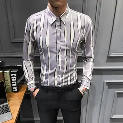 Фирменная Новинка 2019 Весенняя рубашка Для мужчин Slim Fit Волна Полосатый платье-рубашка с длинными рукавами Для мужчин ночной клуб