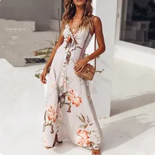 2018 Sexy V Neck Backless Long Dress High Split Elegant Strappy Dress Beach Floral Print Night Club Evening Party maxi Dress