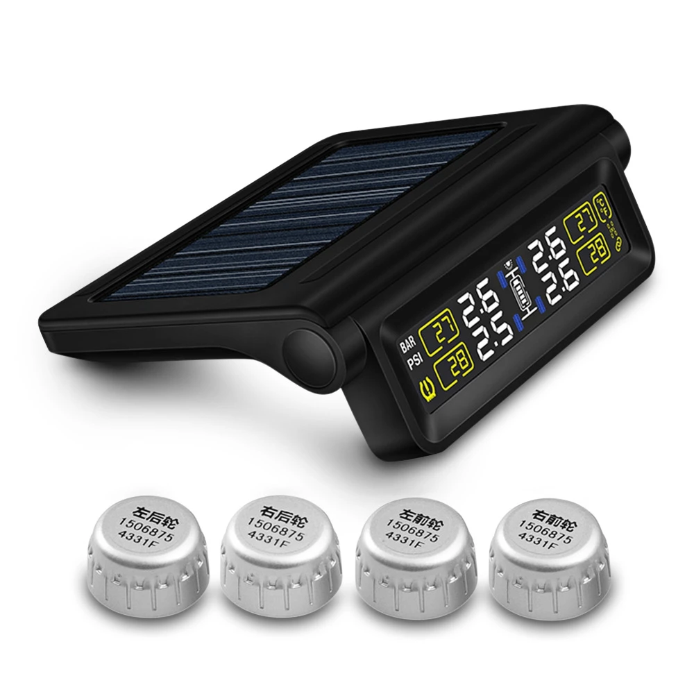 

Smart Vehicle TPMS Car Wireless Tire Pressure Temperature Monitoring System Solar Charger With 4 External Sensor Detectors