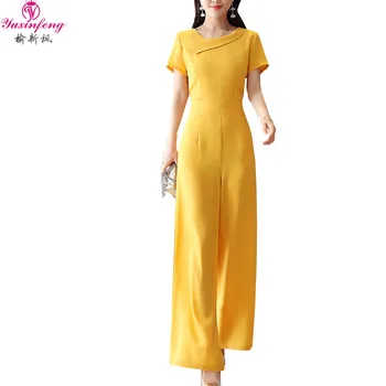 

Yuxinfeng Summer Women Long Wide Leg Rompers Lady O Neck Office Work Wear Elegant Full Length Jumpsuit with Short Sleeve Yellow