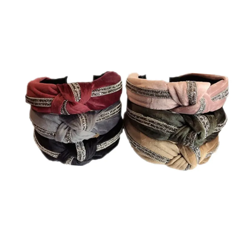 

High-grade flannel studded diamond middle knotted hair accessories headband wide-brimmed bow hairband fashion head hoop ladies