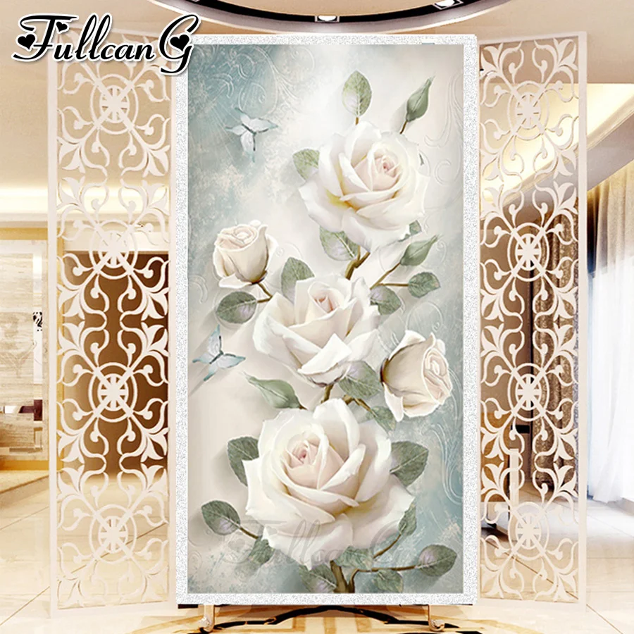 

FULLCANG full square/round drill large 5d diy diamond painting white rose mosaic embroidery sale flower wall decor kit FC1420