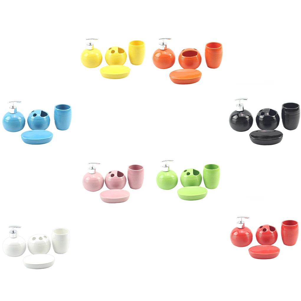 

4 PCS Round Simple Color Ceramic Bath Accessories Set with Soap Dispenser Toothbrush Holder Soap Dish Lotion Bottle