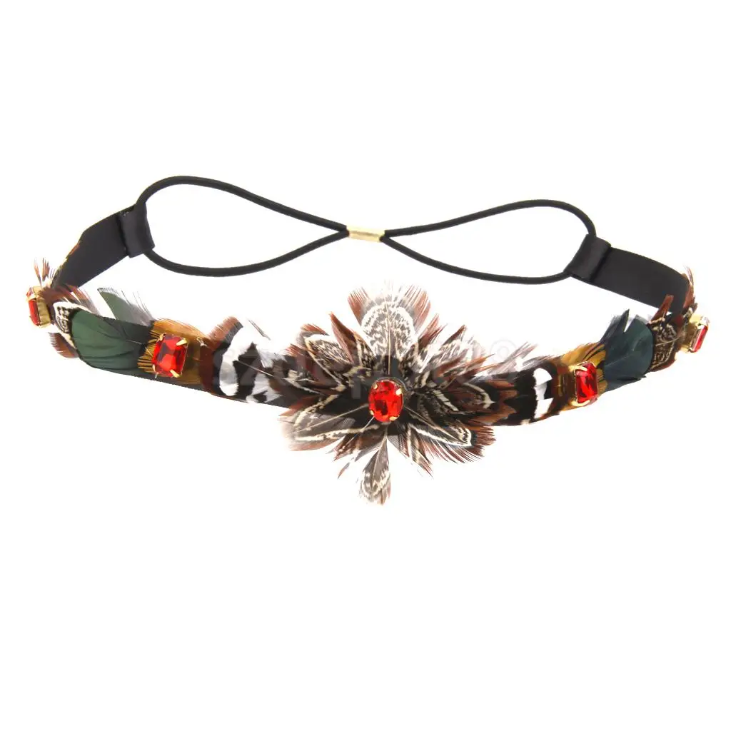 Women Feather Tassel Belt Headband Bohemian Style with Red Rhinestone Decorin Women's Hair