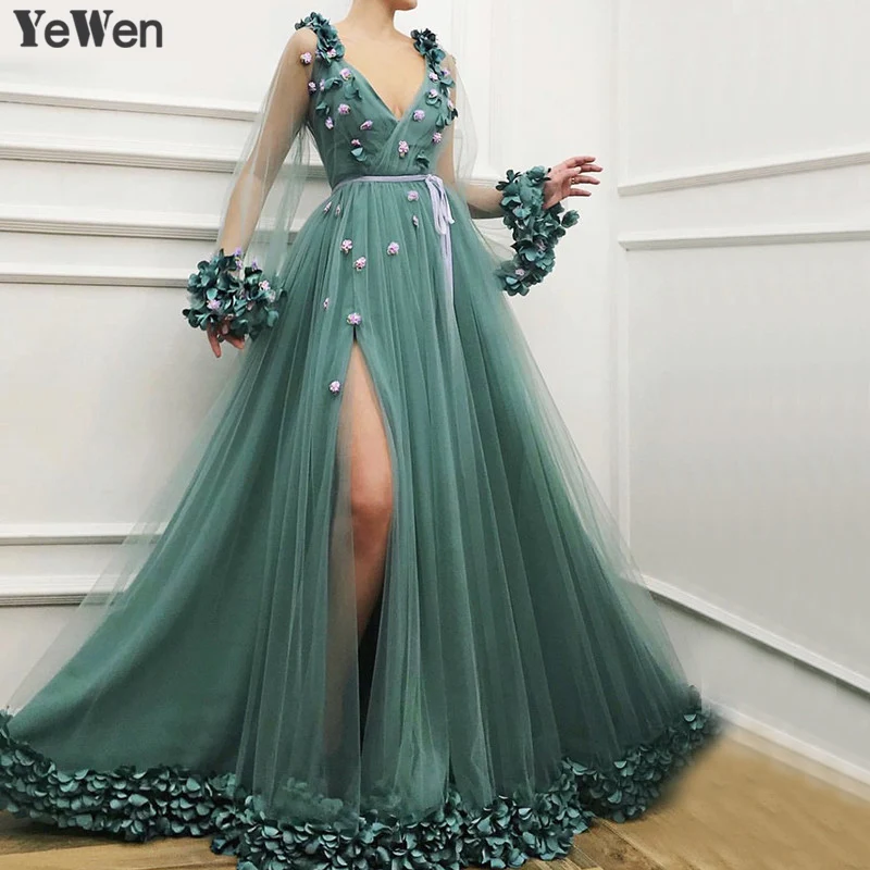 

Dubai Long Sleeves Green Sexy Evening Dresses 2019 Handmade Flowers V-Neck Tulle Evening Dresses Design Women Formal Gown