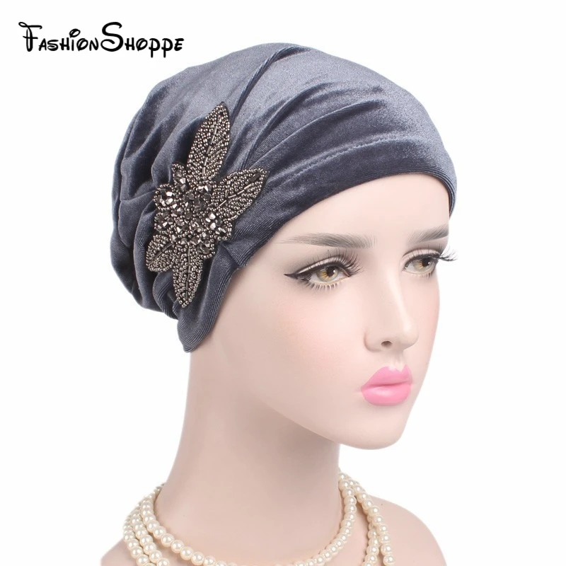 

2017 NEW fashion Women's Elegant Soft Velvet turban beanie with beaded flower hat Chemo Cap Ladies Muslim Inner Caps YS221