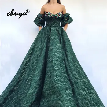 

Emerald Green Muslim Evening Dresses Off the Shoulder Lace Flowers Pocket Islamic Dubai Saudi Arabic Evening Gown Prom Dress