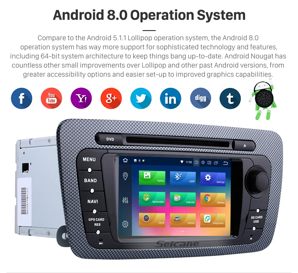 Seicane 2 Din Radio Android 8.0 DVD Player Bluetooth GPS Navigation system for 2009 2010 2011 2012 2013 SEAT IBIZA USB SD IPOD Mirror Link WIFI Stereo Support Steering Wheel Control Rearview Camera DVR