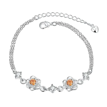 

925 Silver Bracelets Full AAA Zircon Austrian Crystal Flower Original Beads Chain Bracelet Bangle For Women Chain Jewelry Bangle