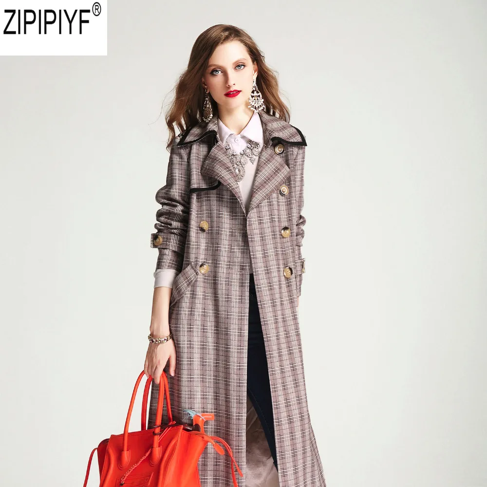

2018 New Arrival Auutmn Fashion Turn Down Collar Printing Plaid Long Sleeve Women Double-Breasted Long Slim Trench Coat C2275