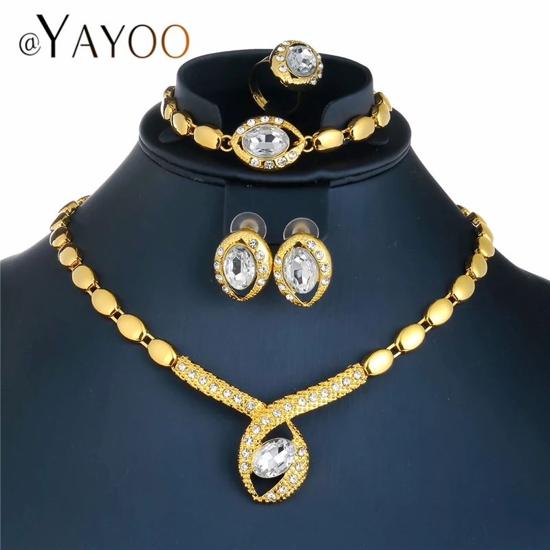 

AYAYOO African Beads Jewelry Set White Imitation Crystal Women Jewelry Set Dubai Gold Color Vintage Bridal Wedding Jewelry