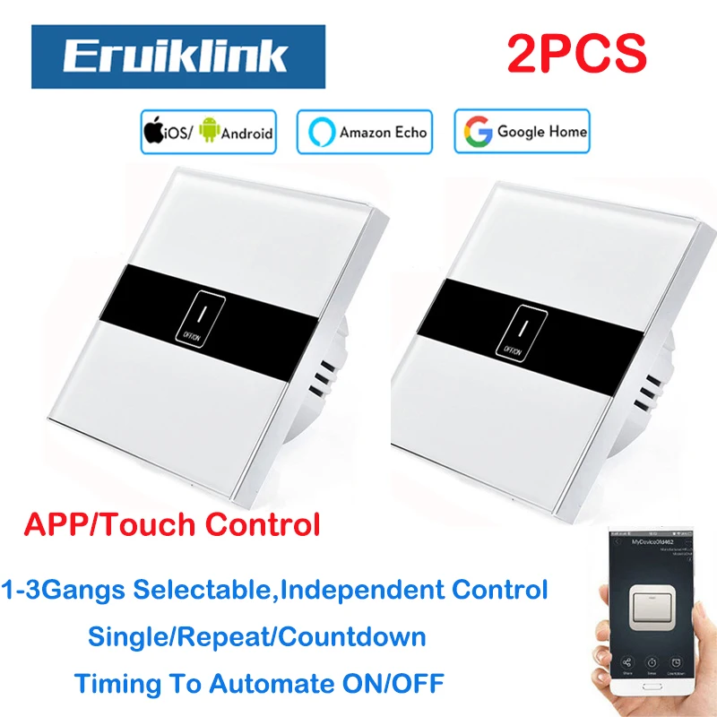 

2PCS EU Standard Eruiklink 1Gang Wifi Control Switch, APP Remote Control Light Switch via Android/IOS for Smart Home Wall Touch