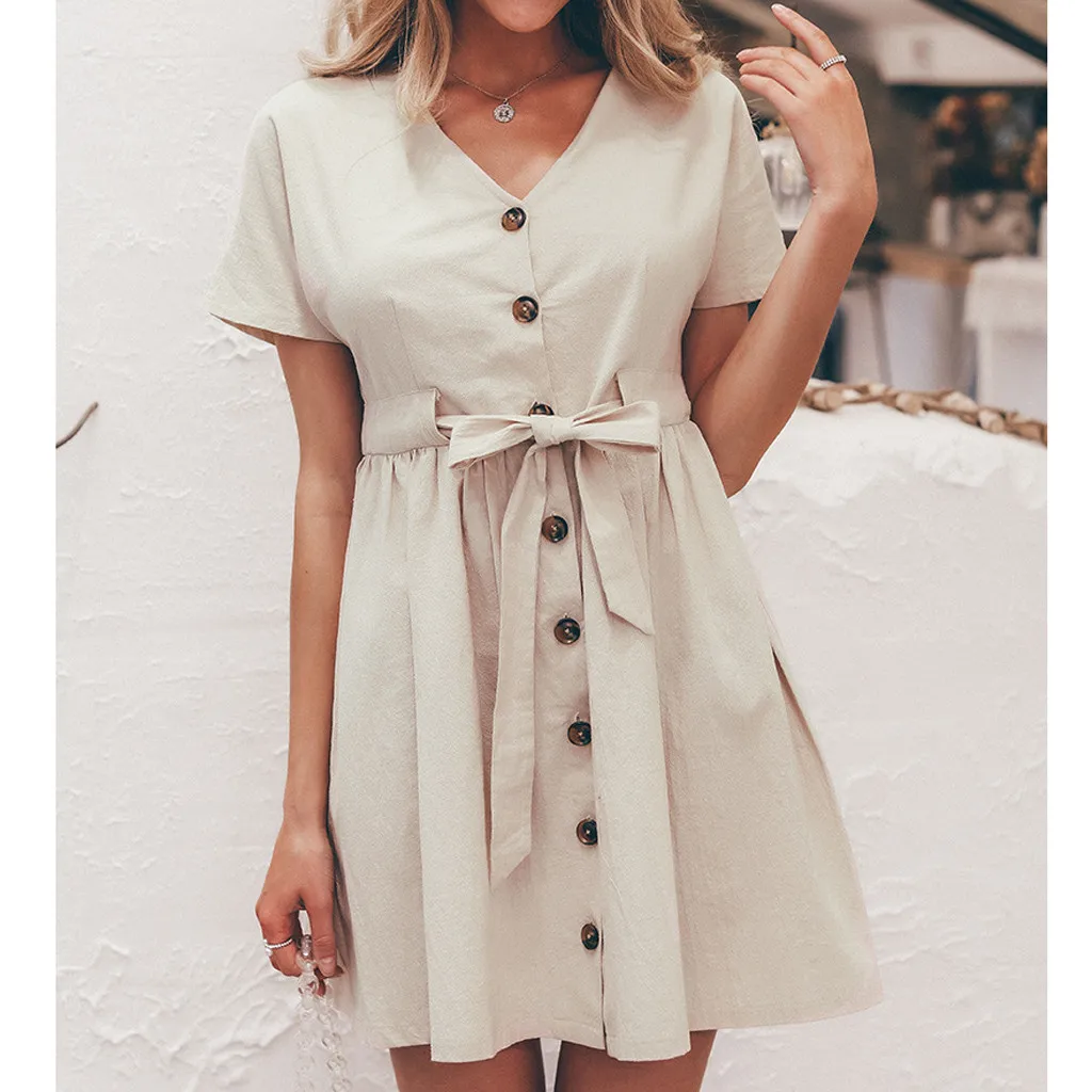 

Women Summer Dress V Neck Short Sleeve Button Holiday Party Mini Dress summer dresses 2019 beach dresses vestidos de verano NEW