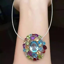 Кулон с натуральным топазом, 925 пробы, серебро, натуральный Многоцветный драгоценный камень, ожерелье, модное большое роскошное круглое женское ювелирное изделие