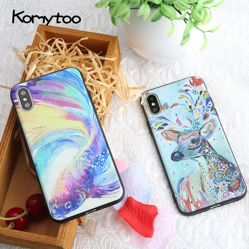 

KOMYTOO TPU Ultra Thin Case For iPhone X 6 7 8 Plus Colored Drawing Emboss Soft Cover Case For iPhone 6 6s 7 8 Funda Coque Cover
